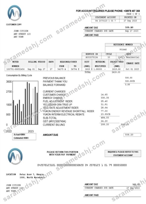 Macedonia MGI Energetika utility bill Word and PDF template